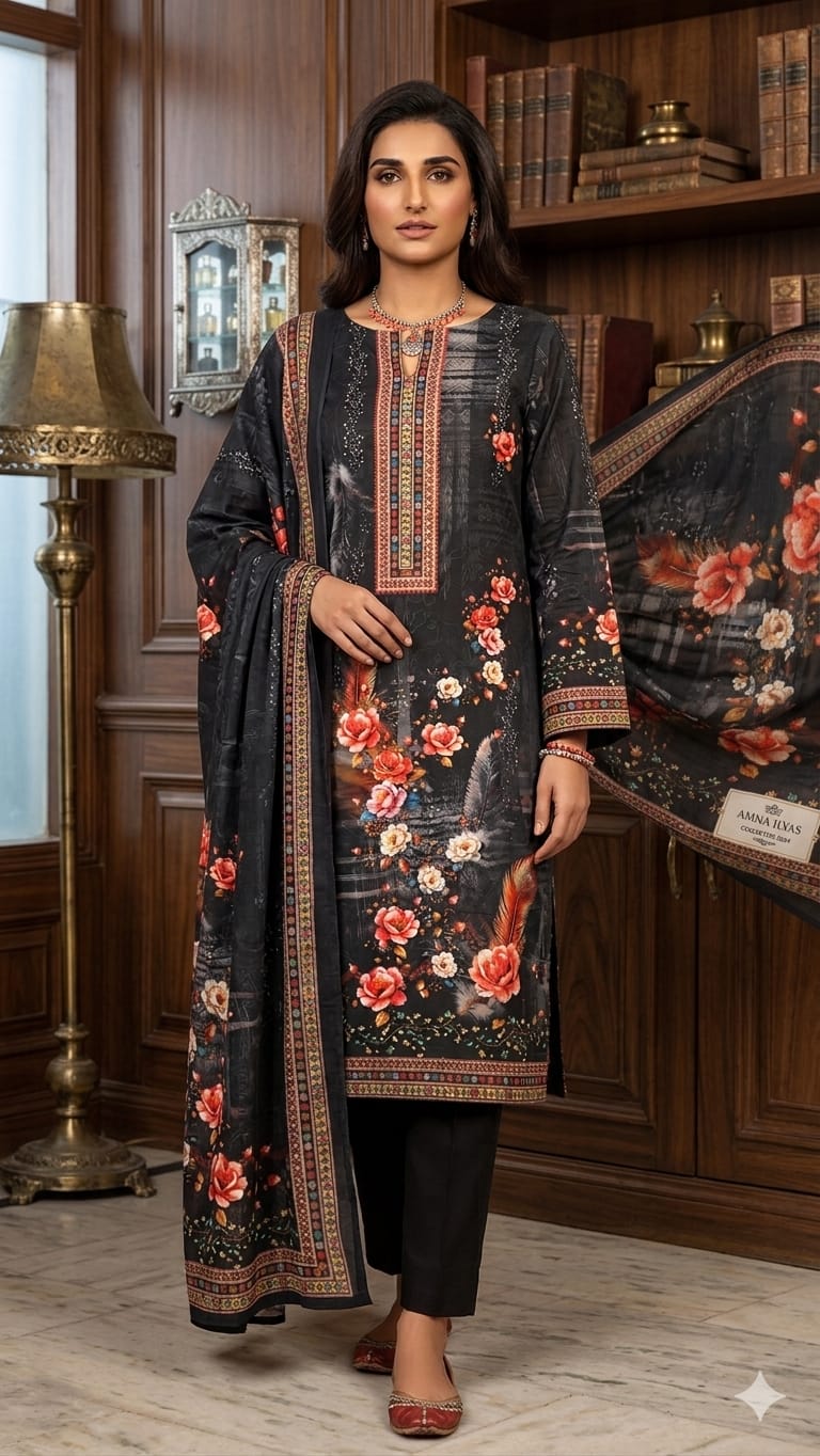 Unstitched Pure Cotton Digital Print Three Piece with Aari Work