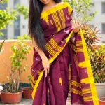 Authentic Sylheti Handloom Cotton Manipuri Saree – Maroon & Yellow