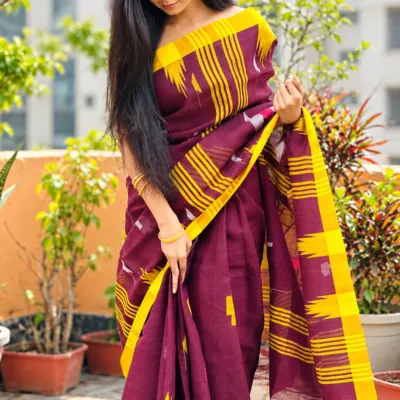 Authentic Sylheti Handloom Cotton Manipuri Saree – Maroon & Yellow
