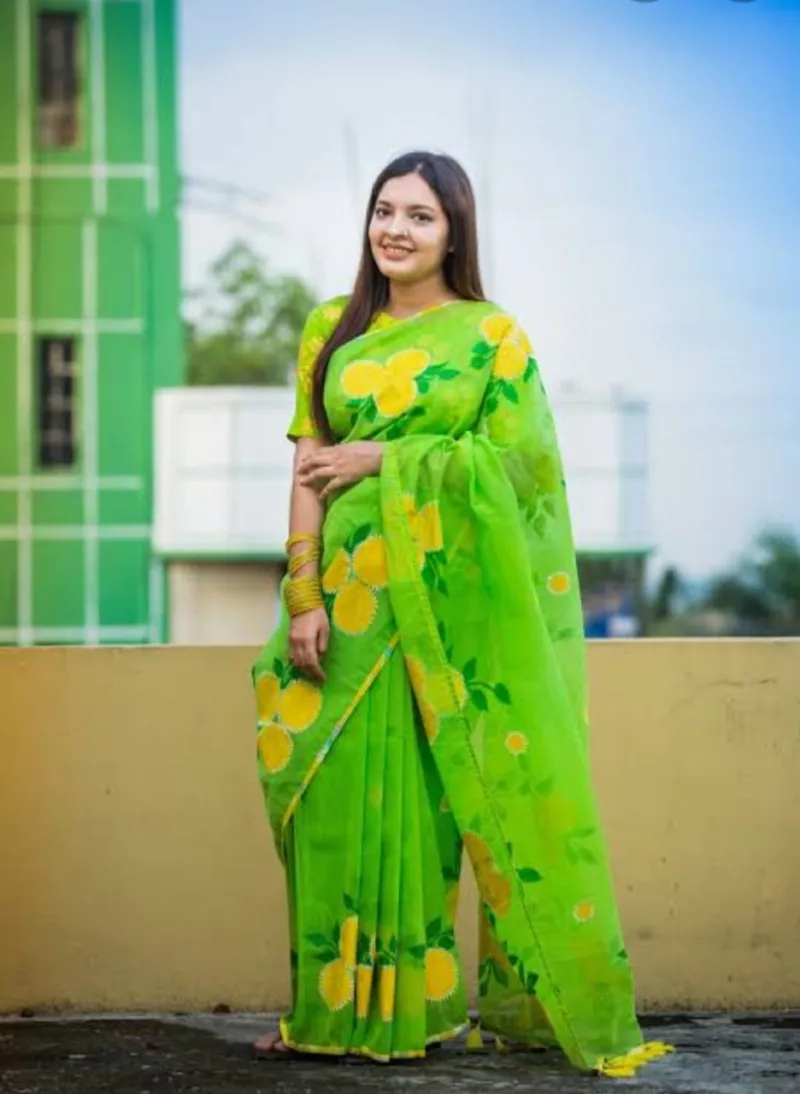 Women's 12 Haath Half Silk Saree with Hand Print Work
