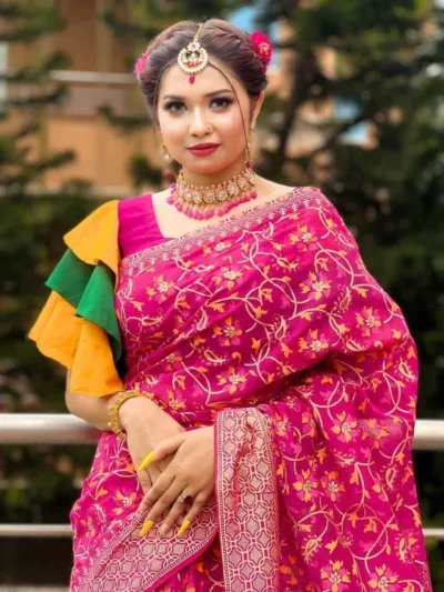 Hand Printed Half Silk Saree, Single Colour, 12 Haath
