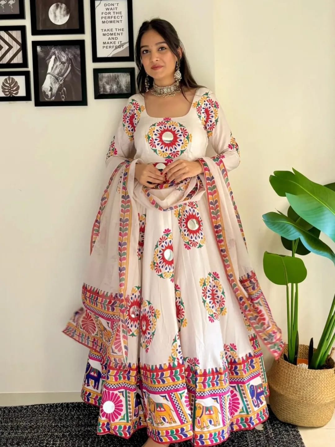 Women's Digital Print Gown Three Piece with Dollar Work, Full Sleeve