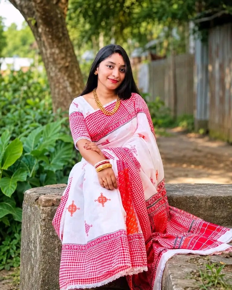 Gamcha Print Saree with Lace Work for Puja, 5 Colours