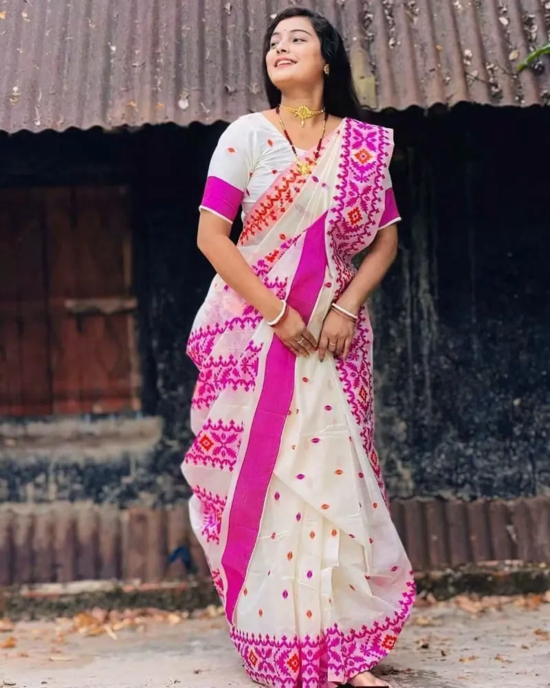 Pink and Orange Screen Print Half Silk Cotton Saree for Puja