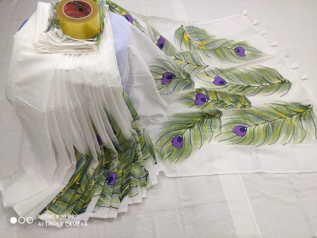 Half Silk Saree with Hand Painted Work in 6 Colours, 12 Haath