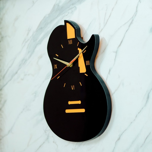 Rhythm Curve – Guitar-Shaped Black Acrylic Wall Clock