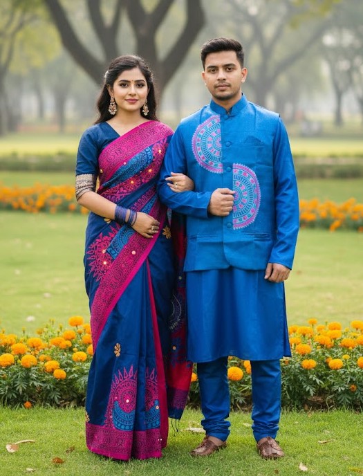 Nakshi Tangail Saree and Koti Panjabi Couple Set, 6 Colours
