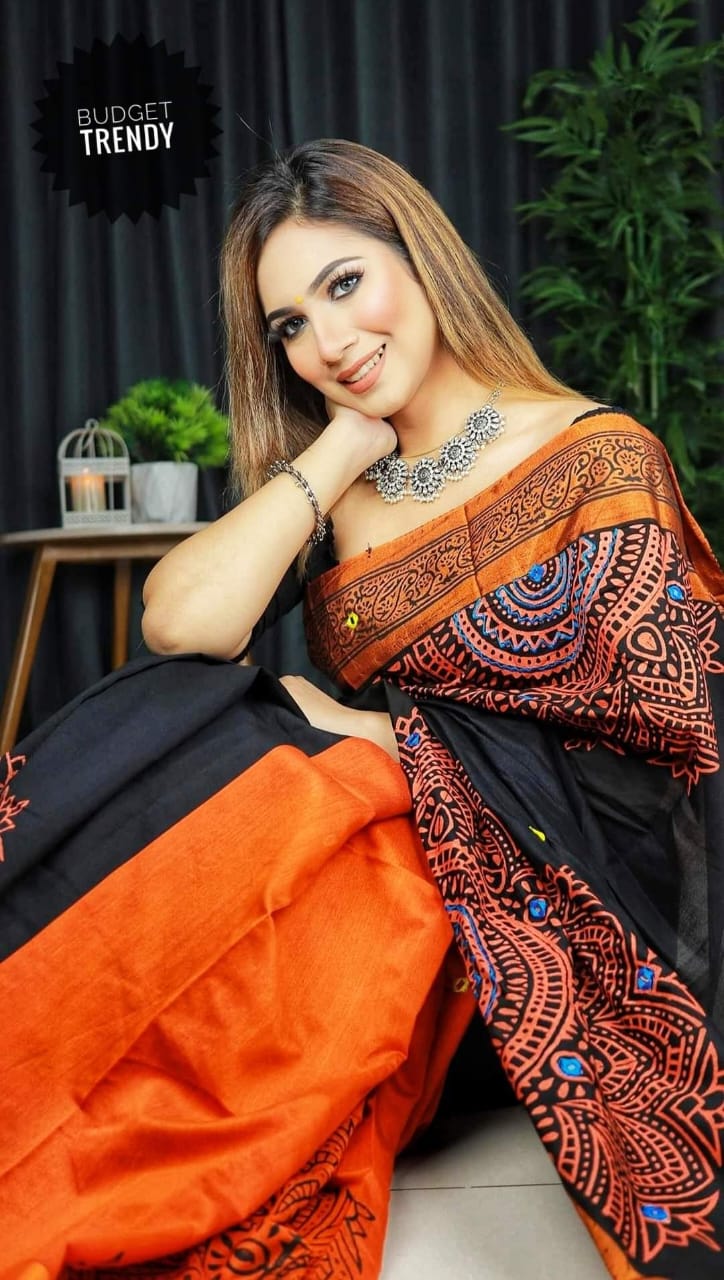 Embroidered Dhupian Silk Saree in Block Print, 13 Haath
