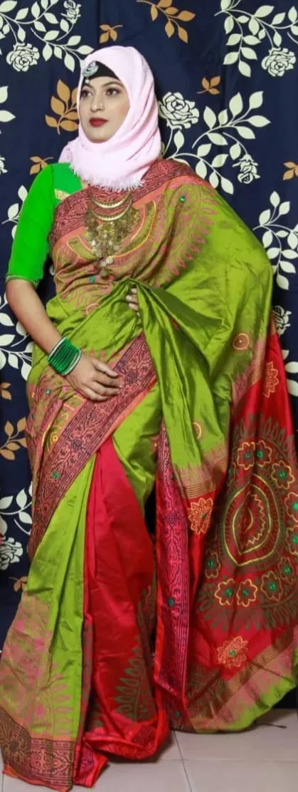 Half Silk Hand Printed Saree for Women, 12 Haath Length