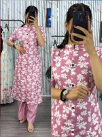 Women's Button Front Cotton Kurti and Pant Set