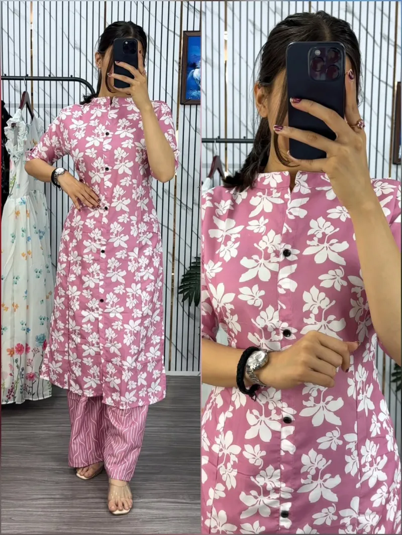 Women's Button Front Cotton Kurti and Pant Set