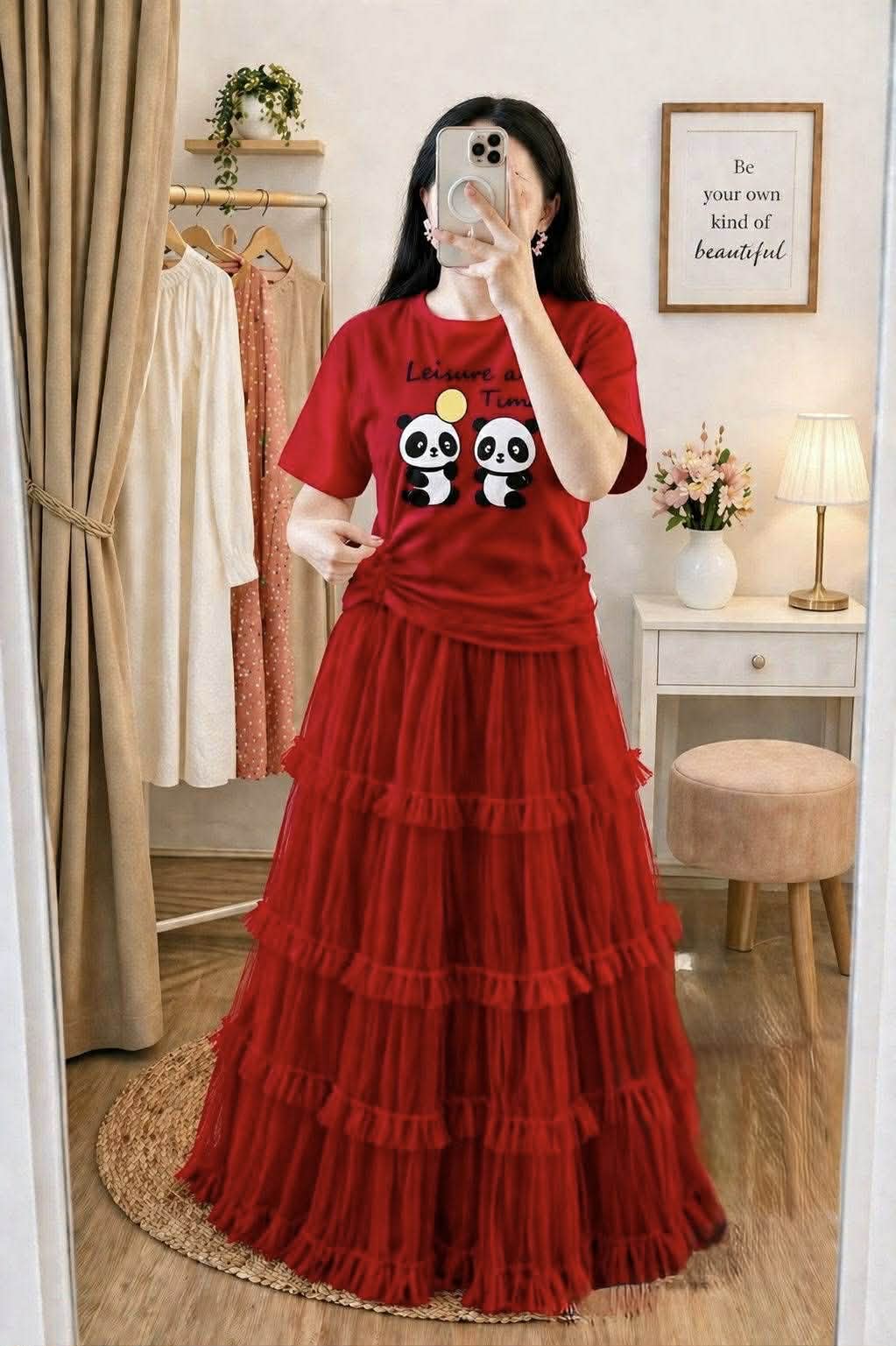 Pure Cotton T-Shirt and Soft Net Skirt Set, 200 Inch Flare