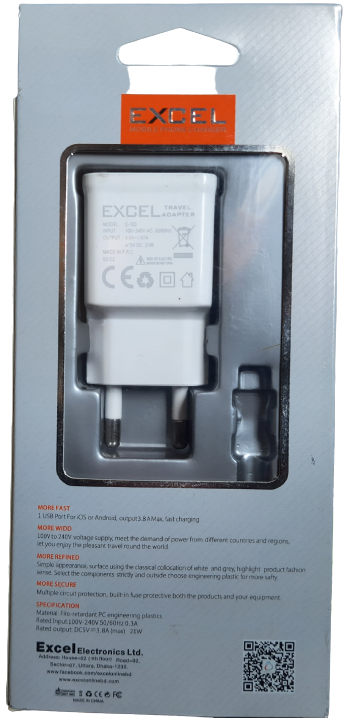 Excel E103  Fast Charger 3.8A Charging Adapter 21W Fast Charging (Type-C)