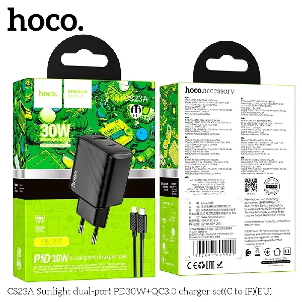 Hoco CS23A Sunlight (Type-C to iP) Dual-Port PD30W+QC3.0 Charger (EU)