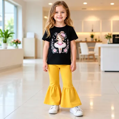 Cute Ballet Dancer Floral Print Two-Piece Set – Black T-Shirt & Mustard Yellow Ruffle Bell-Bottom Pants