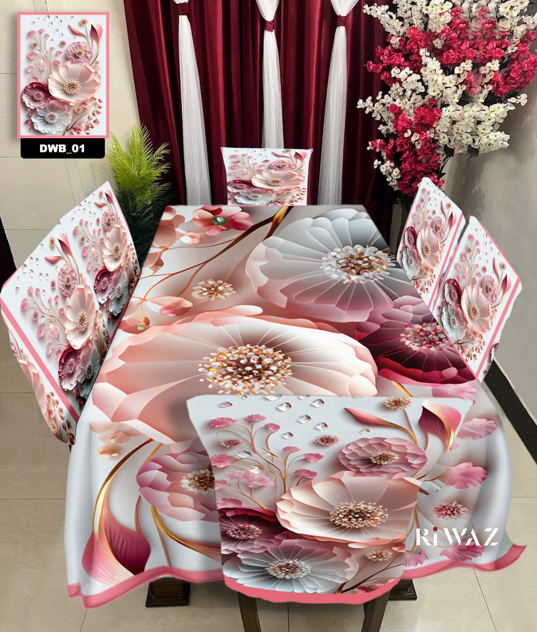 3D Print Velvet Dining Table Cover with 6 Chair Covers, 60 x 84 Inch