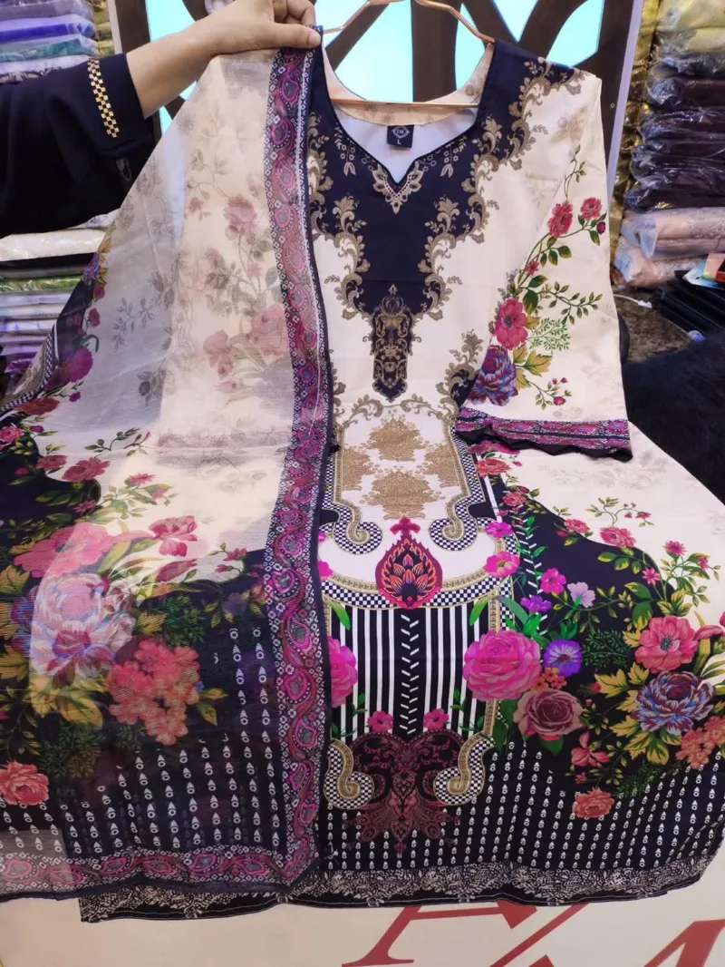 Digital Print Three Piece with Kota Silk Orna, 46 Inch Kameez