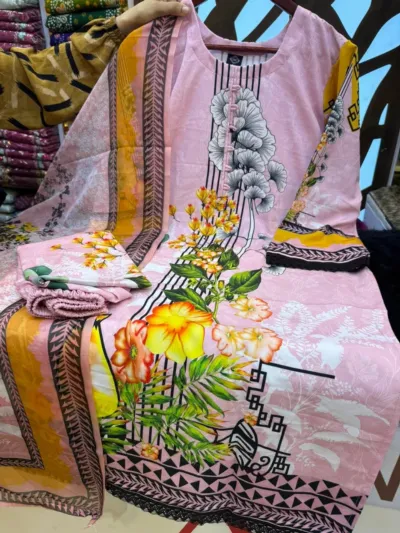 Readymade Digital Print Three Piece with Lace Work, 5 Colours