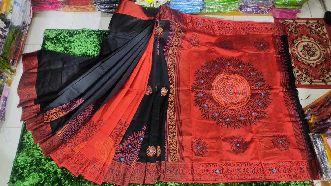 Dhupian Silk Saree for Women, Block Print and Embroidery, 13 Haath