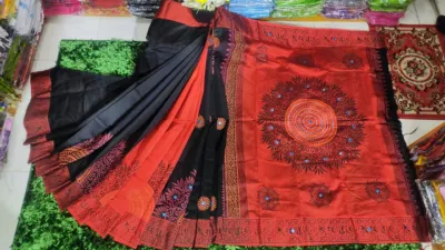 Dhupian Silk Saree for Women, Block Print and Embroidery, 13 Haath