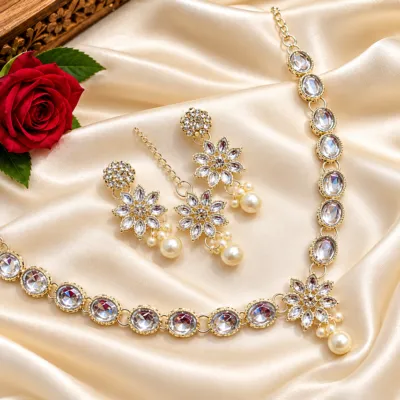 Premium Classic White & Silver Stone and Pearl Jewelry Set