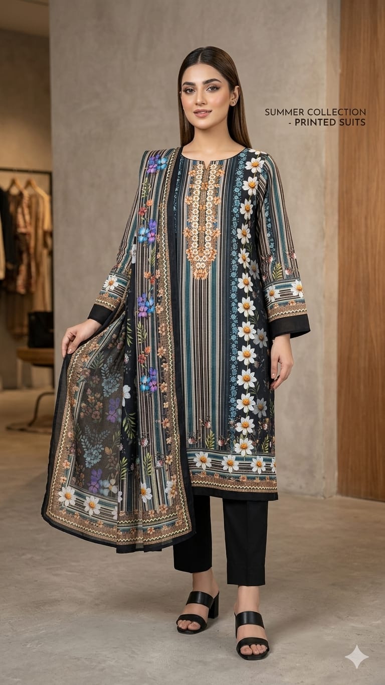 Digital Print Pure Cotton Three Piece with Pyjama, Single Colour