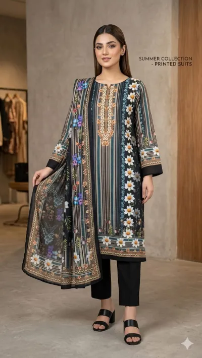Digital Print Pure Cotton Three Piece with Pyjama, Single Colour