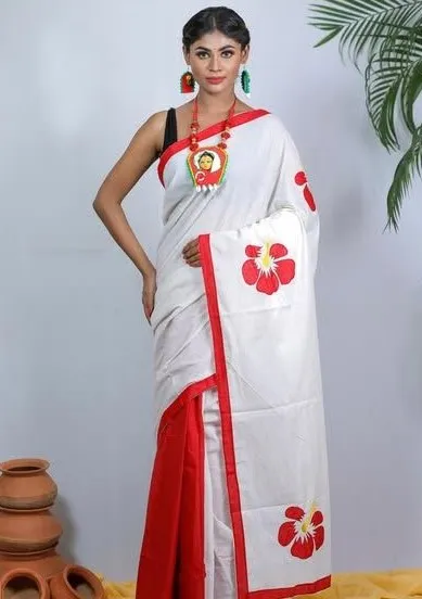 Women's Half Silk Hand Print Saree, 6 Colour Choices