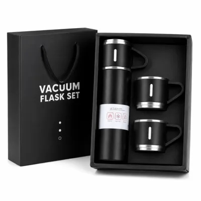 3-Piece Stainless Steel Vacuum Flask Set – 500ml Double-Wall Insulated Thermos Bottle with Cups for Hot & Cold Drinks, Travel & Gifting