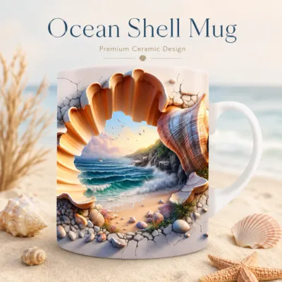 Ocean Shell Mug – Premium Ceramic Coffee Mug with 3D Seaside Shell Wraparound Design, Microwave & Dishwasher Safe