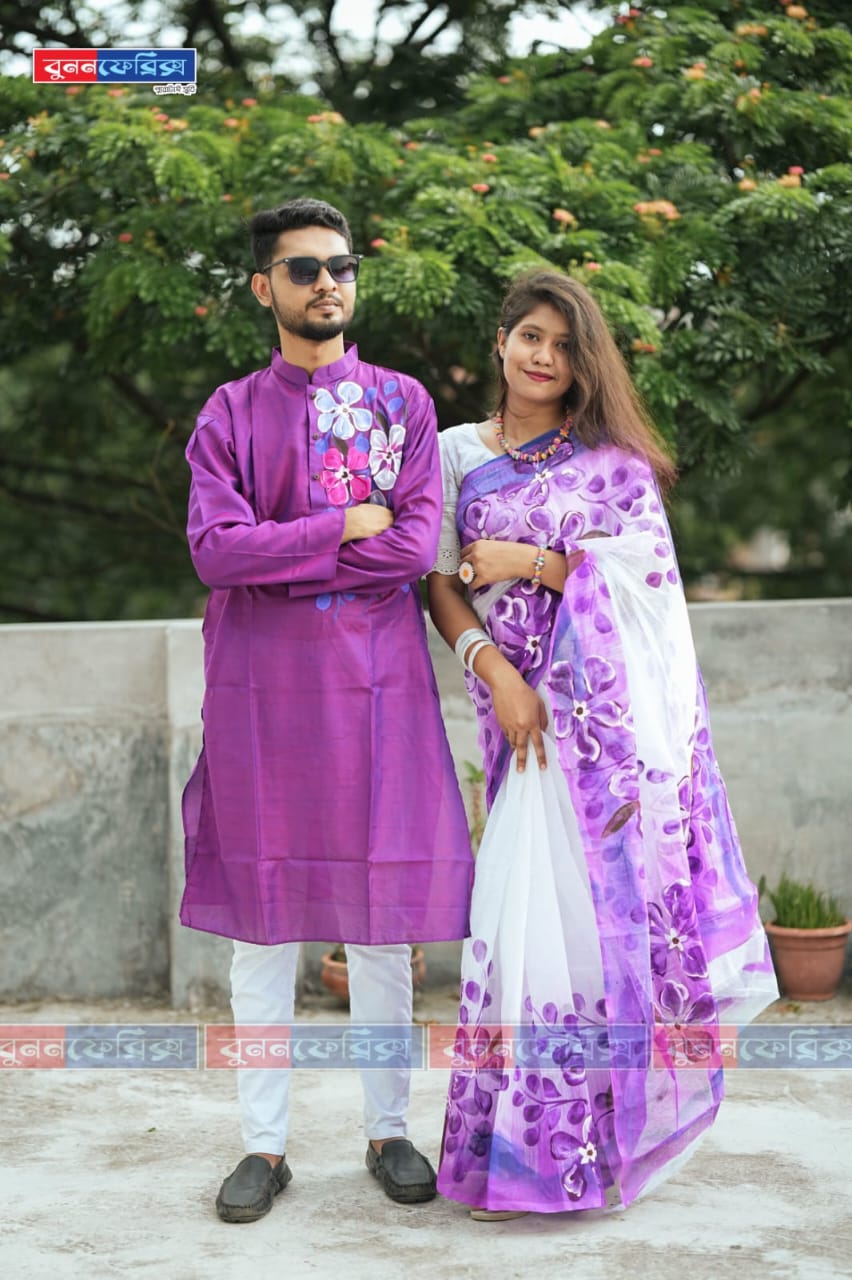 Half Silk Saree with Hand Print Dhupian Silk Panjabi, Couple Set