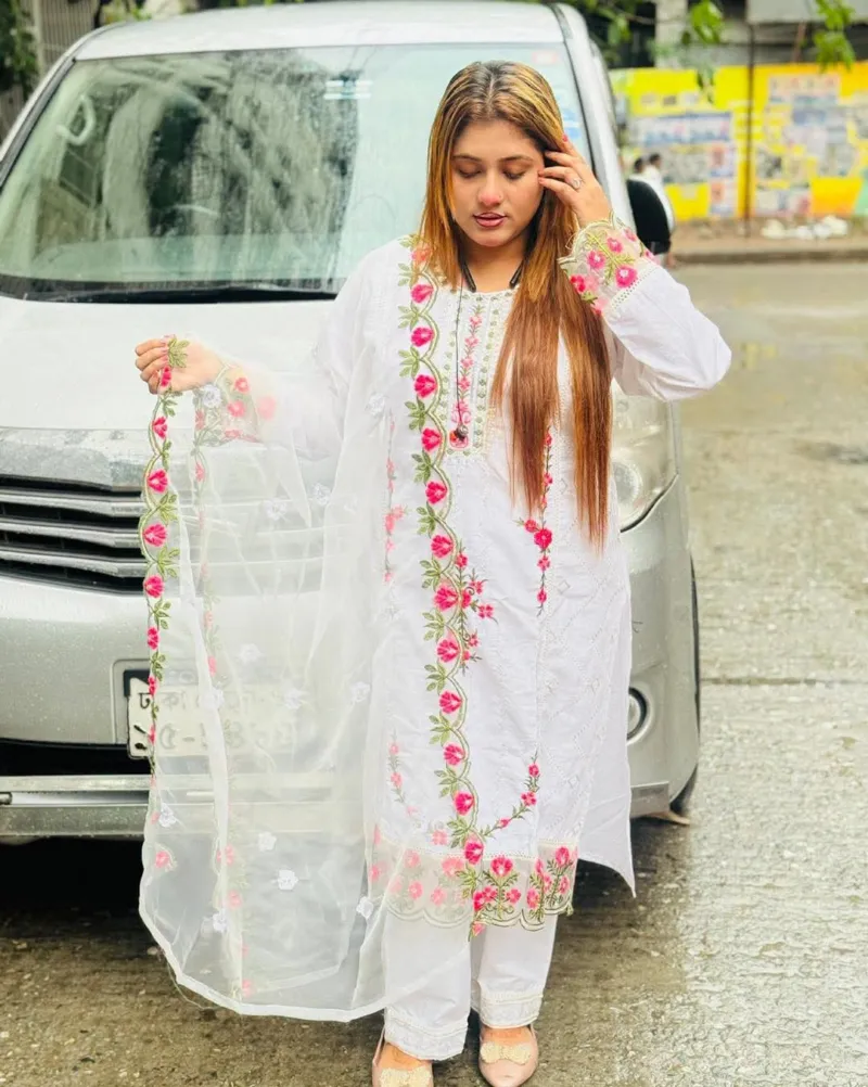 Pure Cotton Embroidery Three Piece with Organza Orna, 3 Colours