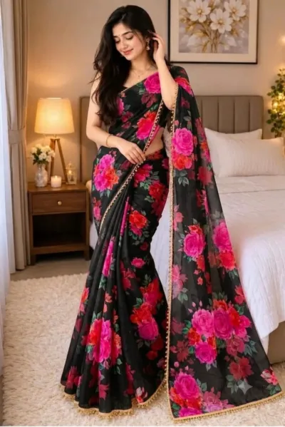Soft Georgette Saree with Pearl Lace Border and Blouse Piece