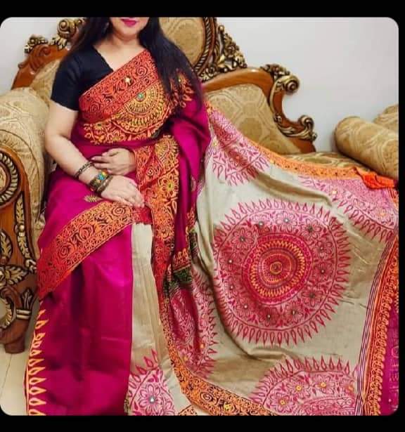 Women's Half Silk Hand Print Saree in 6 Shades, 12 Haath
