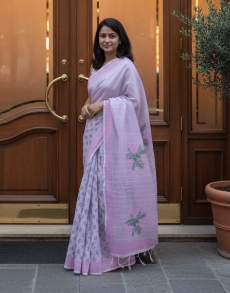 Half Silk Block Print Saree for Festivals, 6 Colours