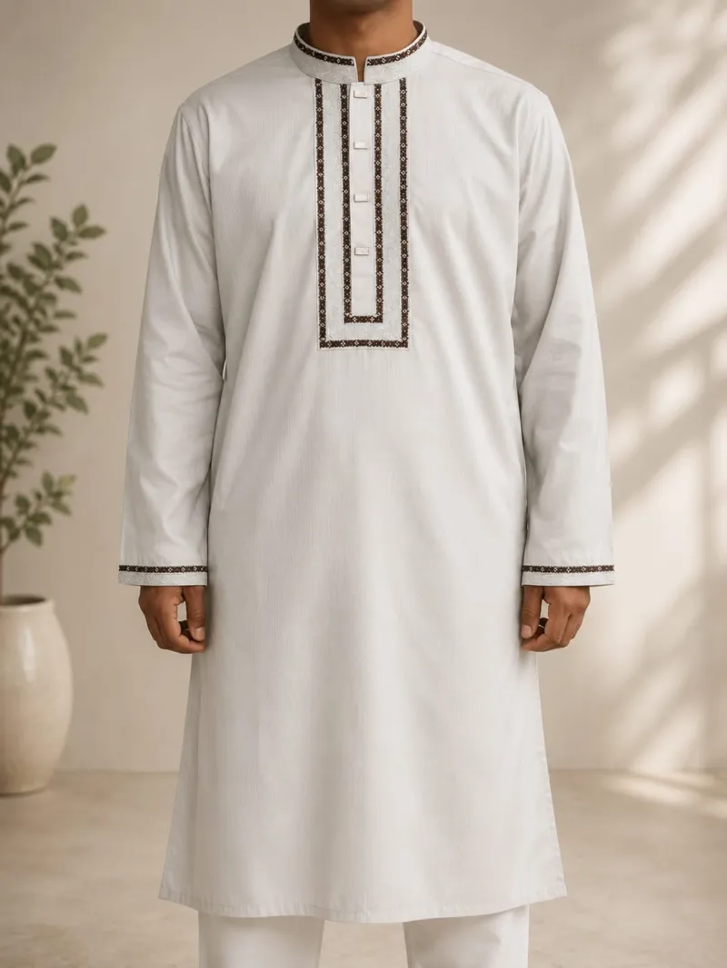 Men's Pure Cotton Panjabi with Body Embroidery, Sizes 38 to 44