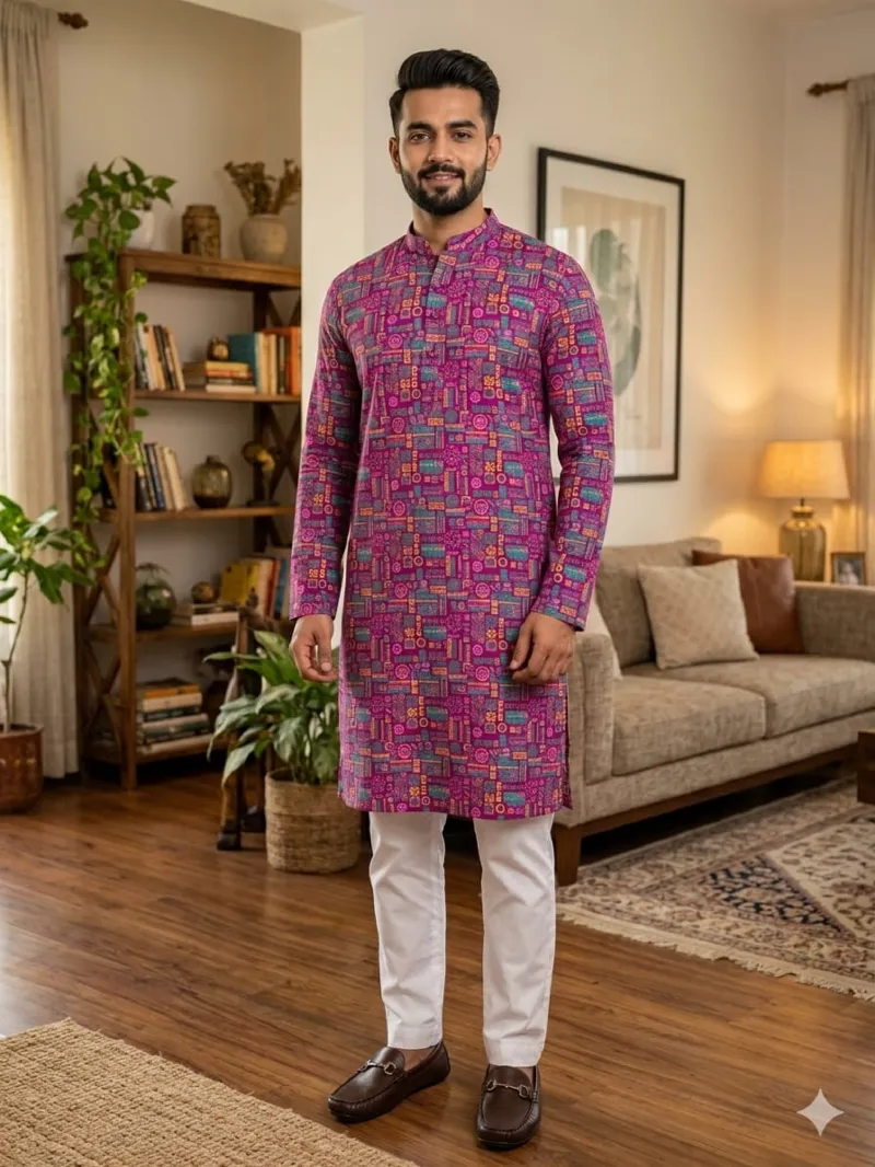 Men's Slub Cotton Panjabi with Skin Print, Sizes 38 to 46
