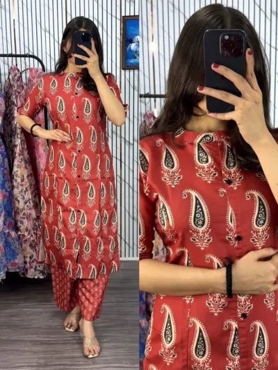 Ladies' Printed Cotton Kurti Two Piece with Free Size Waist Pant