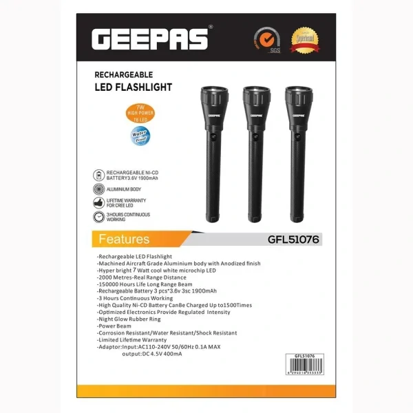 Geepas (GFL51076) 3 IN 1 Rechargeable LED Flashlight