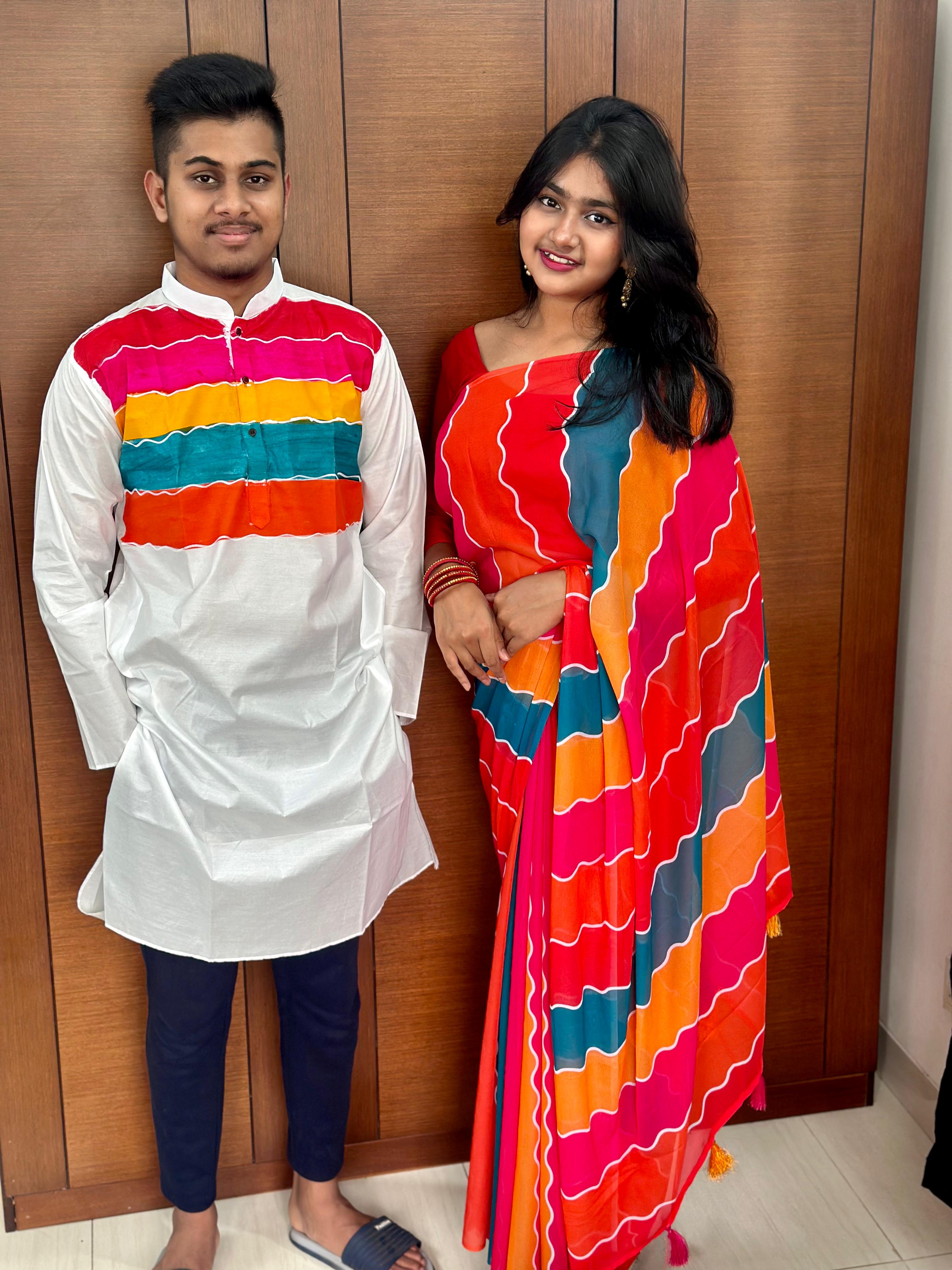 Embroidered Georgette Saree and Hand Print Panjabi Couple Set