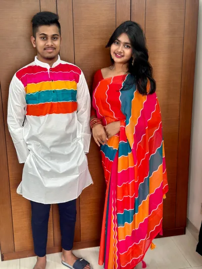 Embroidered Georgette Saree and Hand Print Panjabi Couple Set