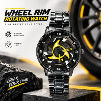 360° Rotating Wheel Rim Quartz Watch – Matte Black Metal Sports Wristwatch
