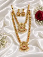 Elegant Gold-Plated Bridal Jewellery Set with Red-Green Stones & Pearls