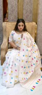 Women's Half Silk Jamdani Print Saree, 4 Colour Choices