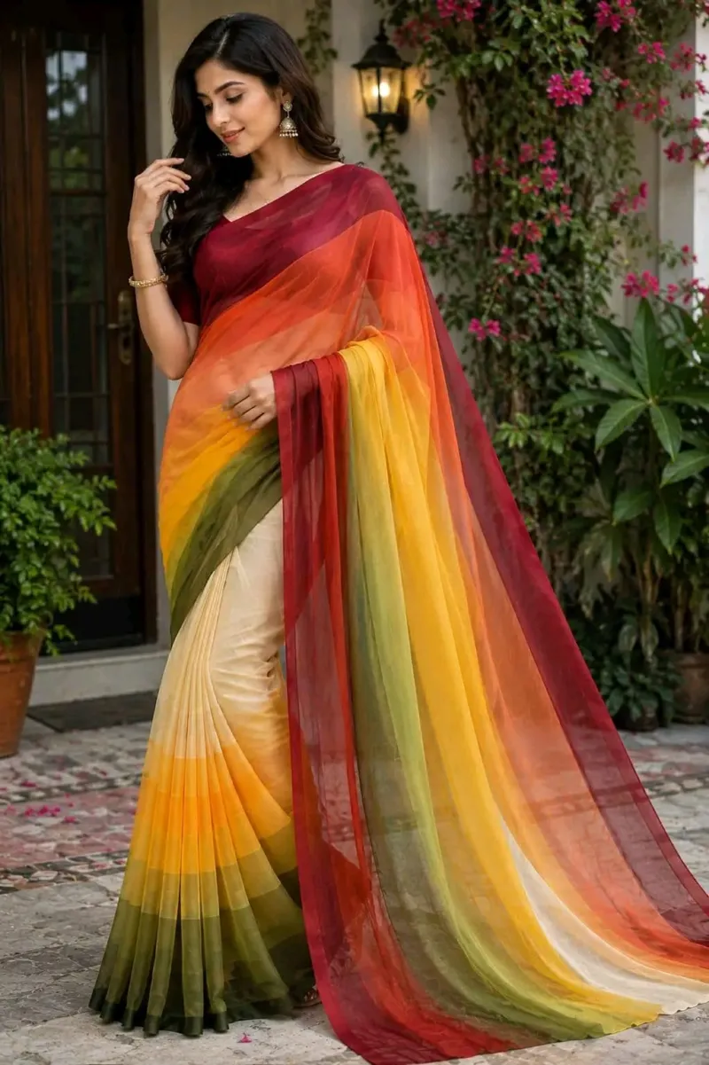 Women's Rainbow Georgette Party Saree, 6 Colours