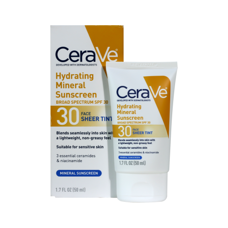 CeraVe Hydrating Mineral Sunscreen Broad Spectrum SPF30 For Face Sheer Tint 50ml (USA)