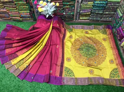 Block Print and Embroidery Dhupian Silk Saree for Women