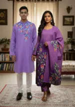 Matching Couple Dress, Unstitched Three Piece with Panjabi 38 to 46