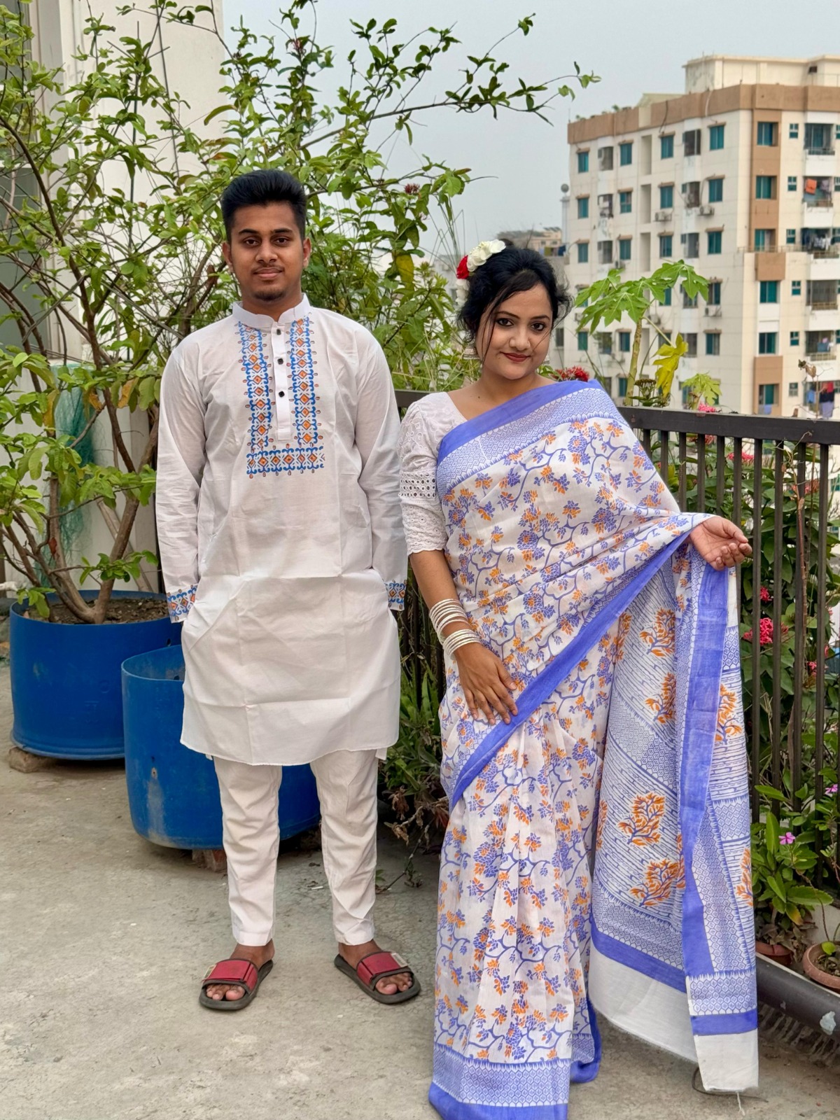 Half Silk Saree and Dhupian Panjabi Couple Dress, No Blouse