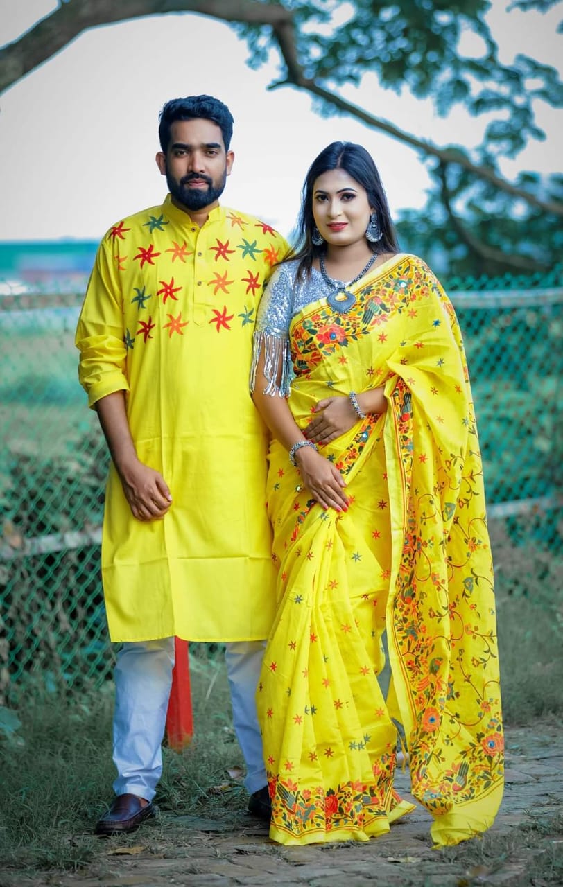 Dhupian Silk Saree and Panjabi Couple Set with Screen Print Work